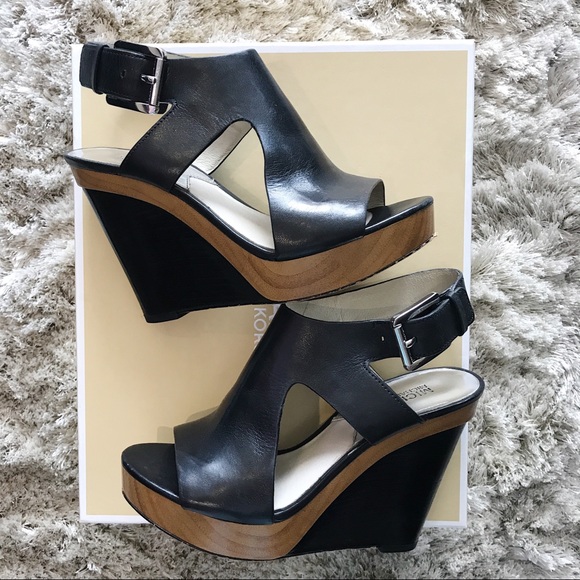 MICHAEL Michael Kors Shoes - Michael Kores Black Leather and Wood Wedges